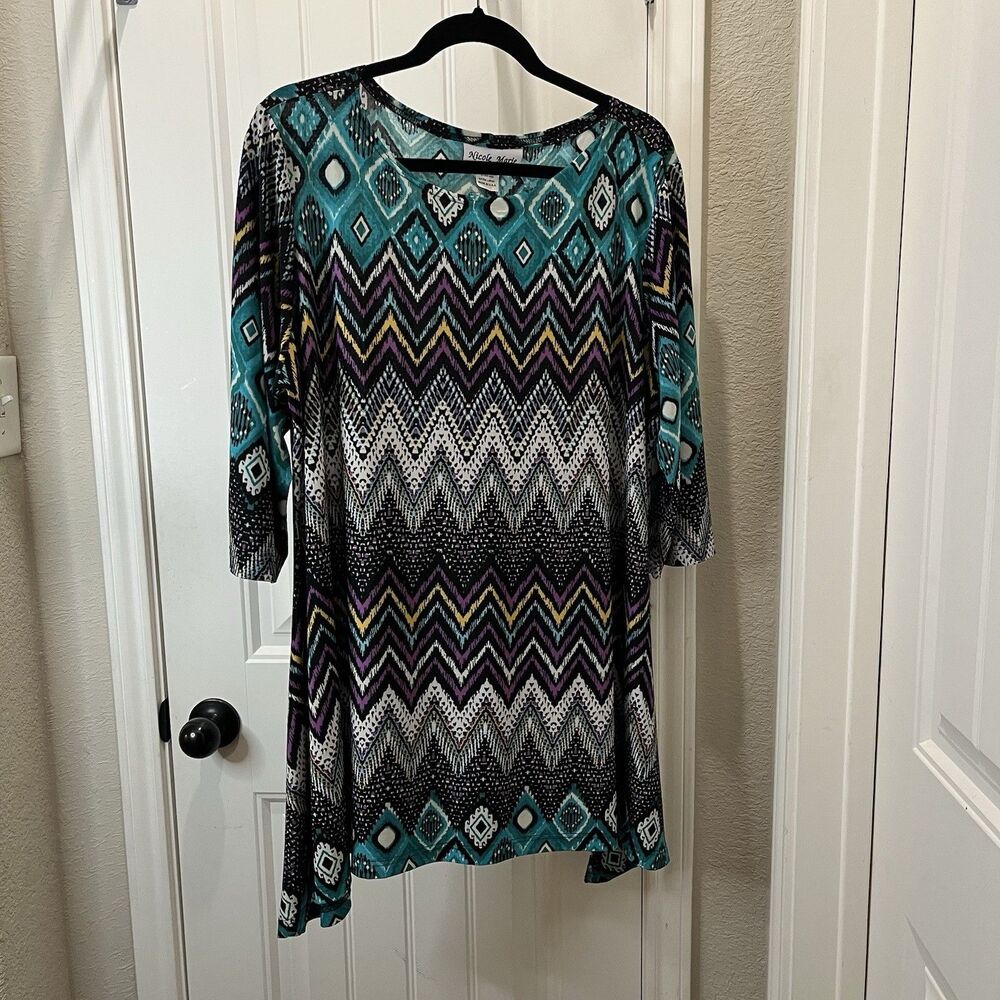 Nicole Marie Blue Teal Black Chevron Geometric Shark Bite Hem Top Womens Size XL